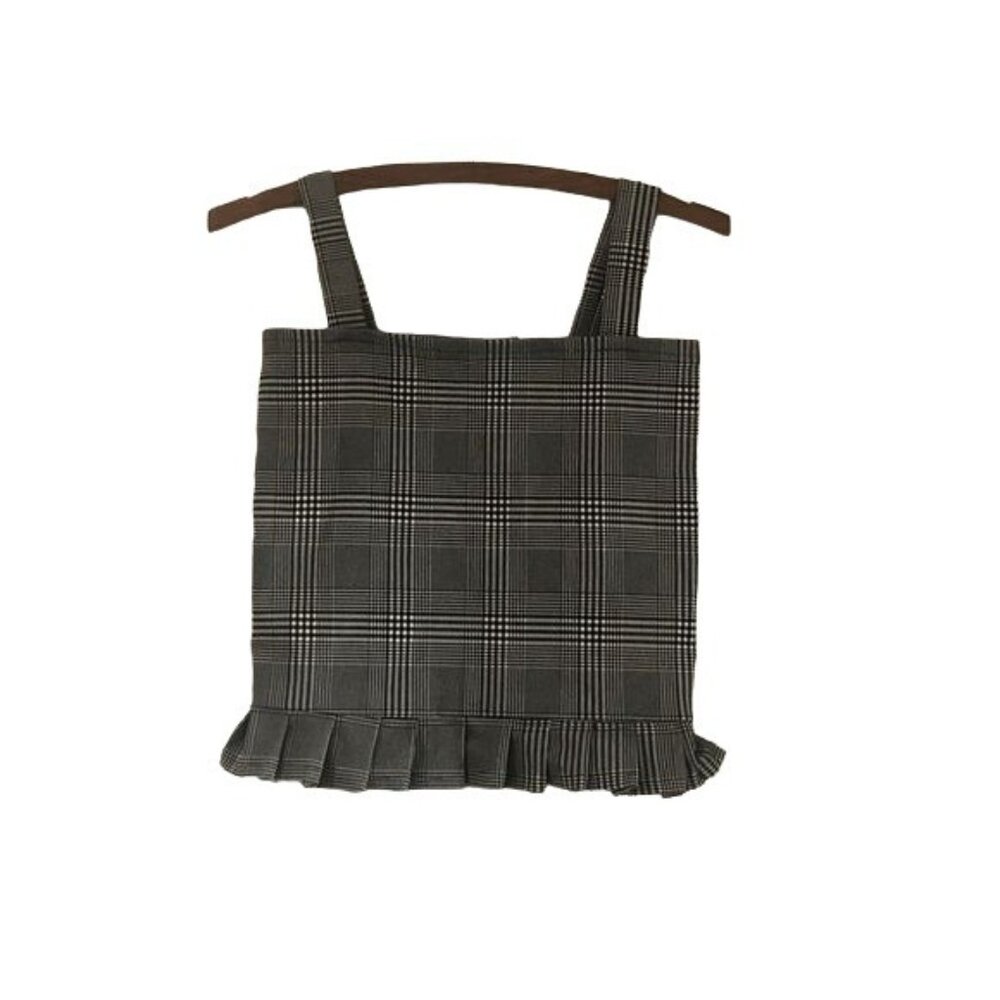 Womens 90s Gingham Plaid Black White Squared Neck Pleated Sleeveless Top Medium